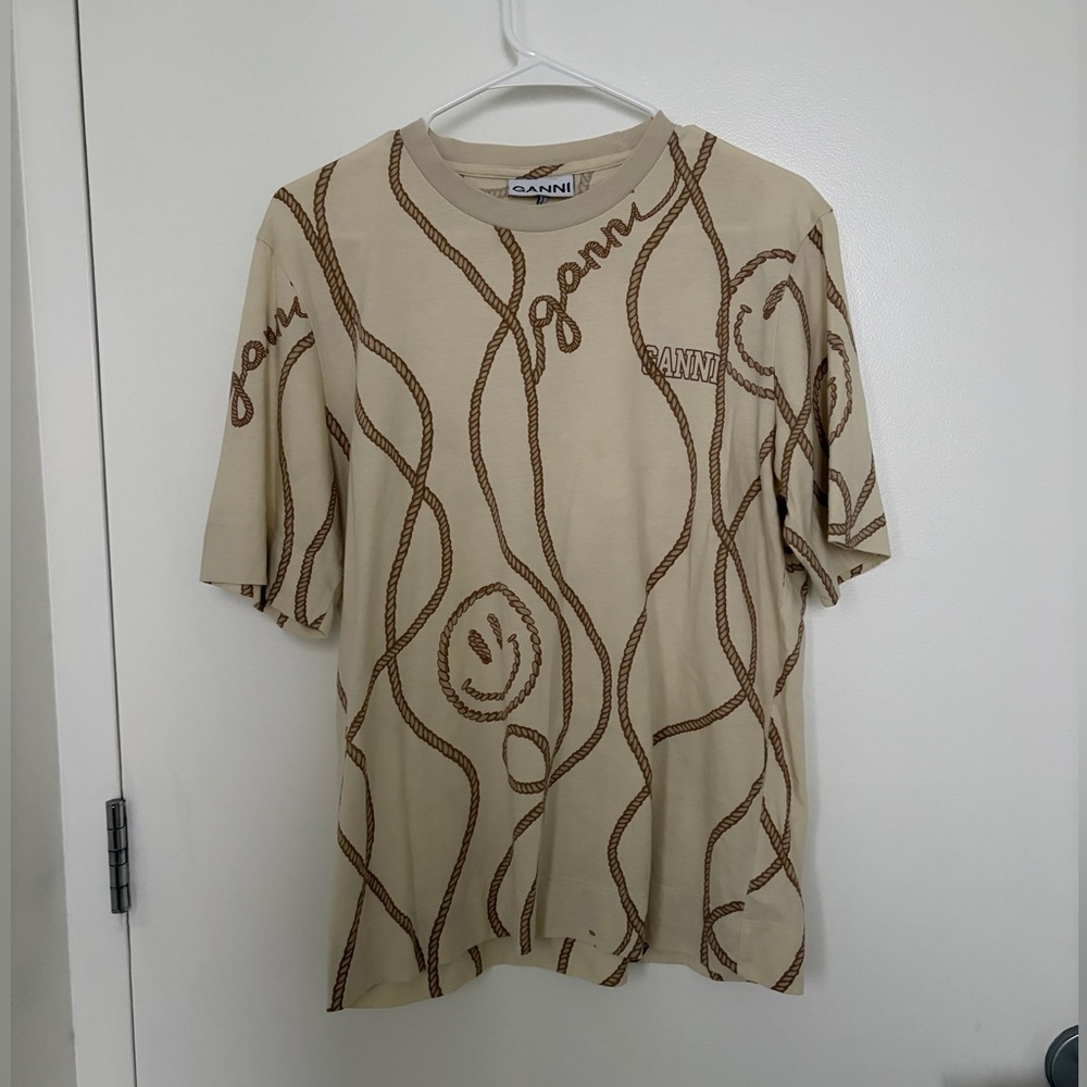 Ganni Cream Tee with Brown Rope Design - Picture 2 of 4